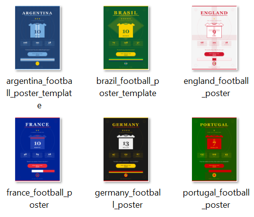 Football World Cup 2026 Poster Bundle, 6 Teams Brazil Argentina France England Germany Portugal, Printable Wall Art Digital Download