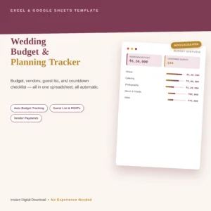 - `Wedding Budget Planner Excel, Wedding Planning Spreadsheet, Guest List Tracker, Vendor Payment Tracker, Instant Download`